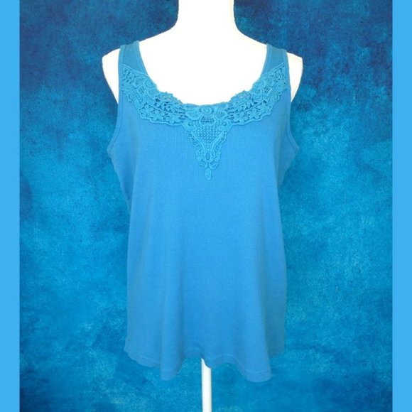 Lane Bryant Turquoise Ribbed Tank Lace Neck 14/16 - Picture 1 of 8